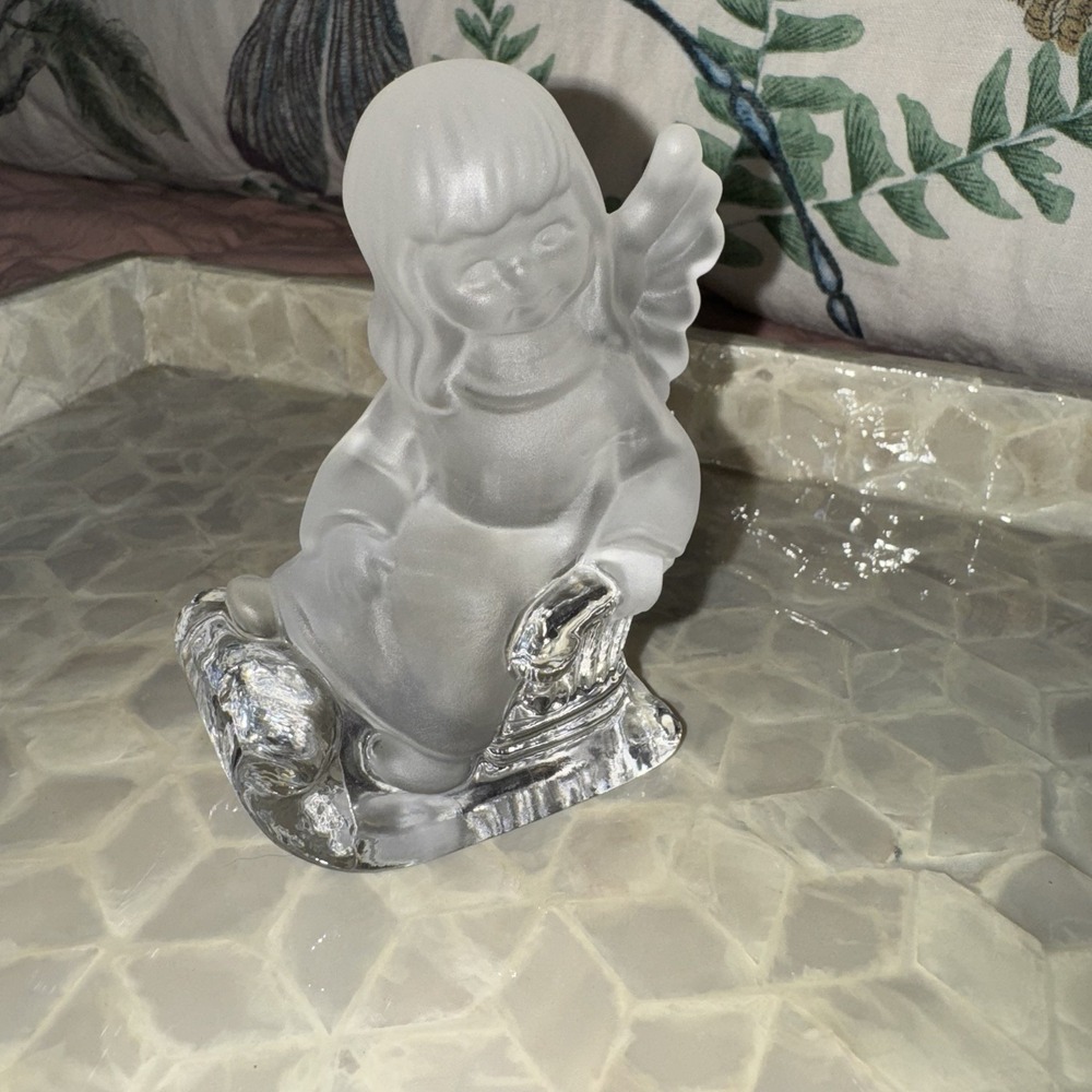 Vtg 1981 Goebel 4"x2.5" Angel On Sled Glass Figurine Signed Half Frosted